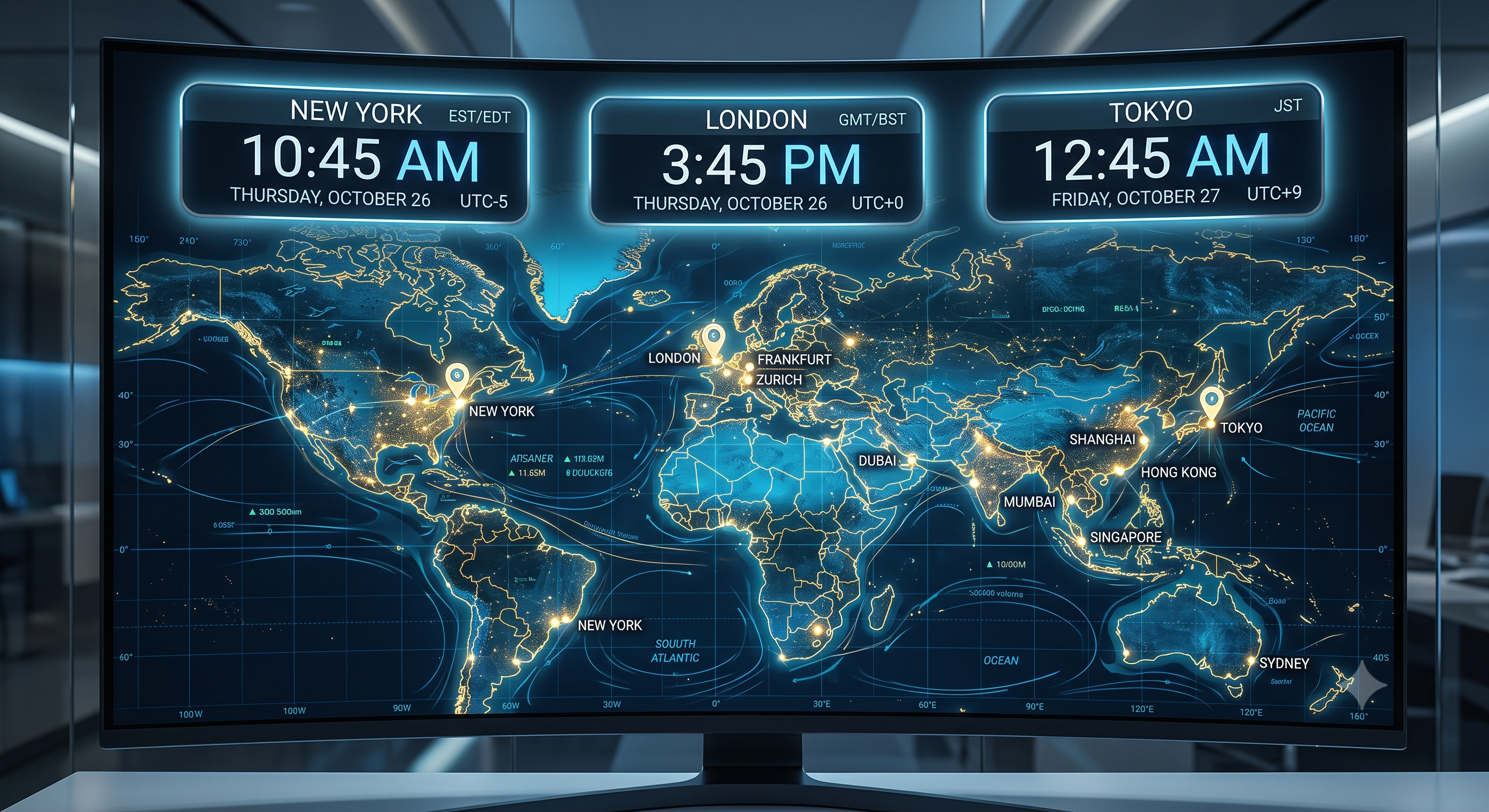 A digital world map displaying time zone clocks for New York, London, and Tokyo